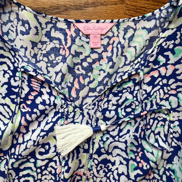 LILY PULITZER Kahli Top, Shirt. Blue Coral Grotto Move It or Lose it. Tassels XS - Picture 10 of 12